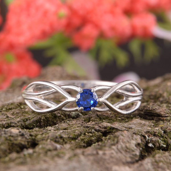 Blue sapphire ring, Celtic pattern ring, Women silver ring, Solitaire ring, Promise ring, Engagement ring, Anniversary ring