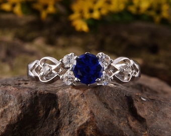 Unique Sapphire Art Deco Engagement Ring, Blue Sapphire Silver Ring for Her, Sapphire Jewelry, Antique Silver Ring, Dainty Engagement Ring