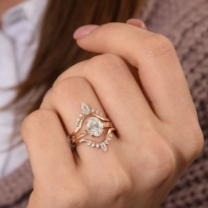 Unique 14k rose gold victorian wedding rings set, Dainty antique style art deco engagement rings set, Bridal rings set, Promise rings set