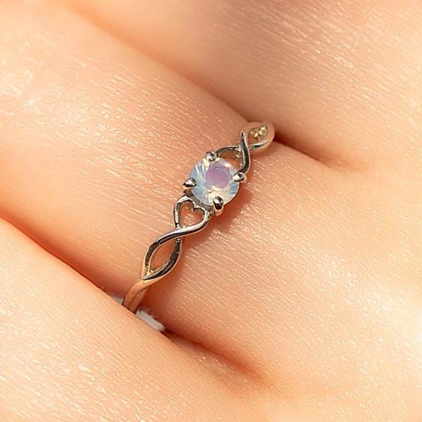 Dainty twisted 925 sterling silver solitaire blue moonstone promise ring for her, Women tiny moonstone engagement ring, June birthstone