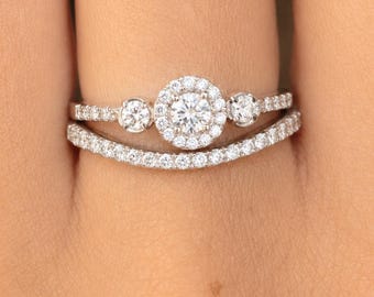 Elegant CZ Halo-brudset, förlovningsring i 925 sterlingsilver med böjd vigselring