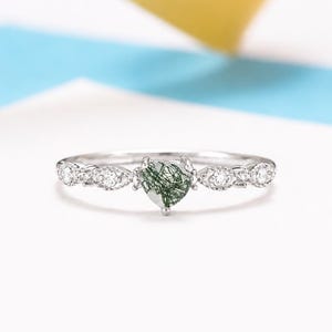 Dainty 925 Sterling Silver Heart Moss Agate Promise Ring, May Birthstone Engagement Ring