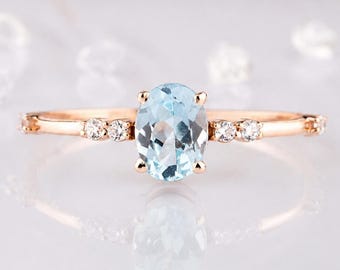 Oval Sky Topaz Engagement Ring, 14k Rose Gold December Birthstone Promise Ring for Her