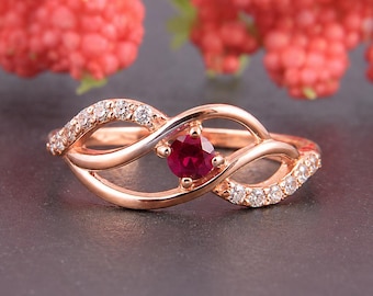 Dainty Ruby Twisted Engagement Ring, 14k Rose Gold Infinity Promise Ring for Her