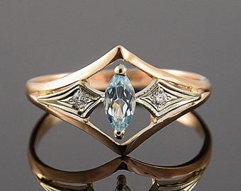 Art Deco Marquise Sky Topaz Engagement Ring, Two Tone Gold Promise Ring for Her