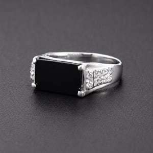 Mens 925 Sterling Silver Onyx Signet Ring, Black Stone Statement Ring, Rectangular Silver Ring
