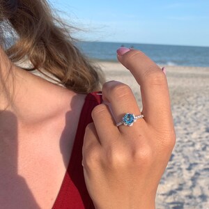 Art Deco Style Engagement Ring, Blue Topaz Silver Ring,  Antique Style Ring, 1.0 CT Round Cut Engagement Ring, Anniversary Ring For Her