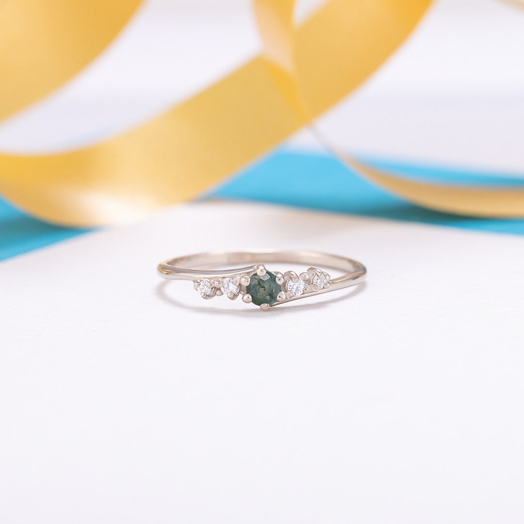 Unique Moss Agate Silver Promise Ring, Dainty Moss Agate Engagement