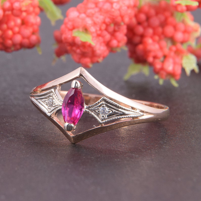 Women ring gold Rose gold ring Ruby promise ring Marquise ring 14k ruby ring Art deco ring Ruby ring gold Promise ring gold
