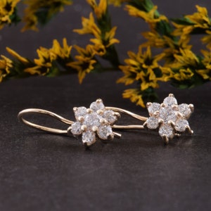 14k yellow gold womens simple dainty flower earrings, Delicate gold earrings, Tiny gold earrings,Minimalist earrings for her,Dangle earrings