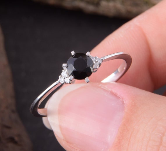 14k white gold black onyx promise ring for her Small & dainty | Etsy