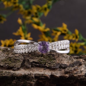 Silver twisted amethyst promise ring for her, Dainty & simple womens promise ring, Womens amethyst silver ring, February birthstone