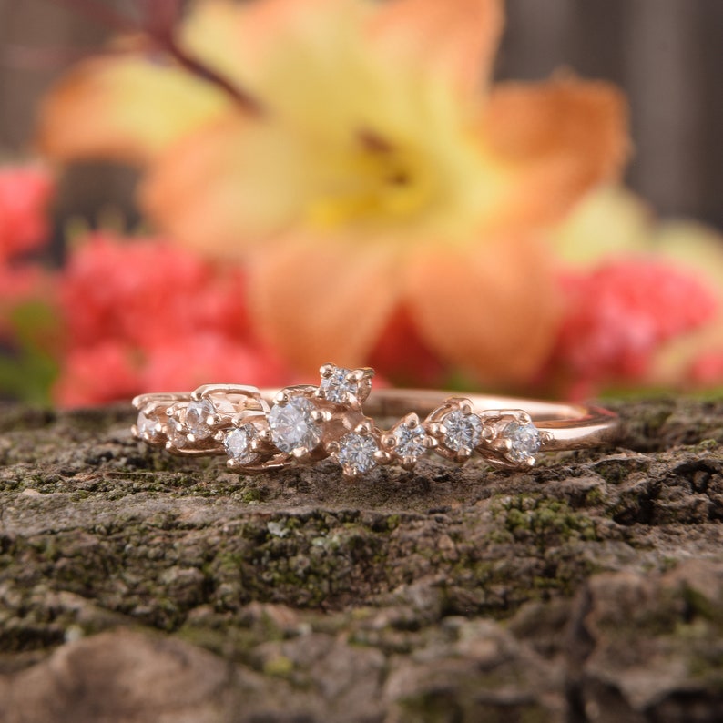 Art Deco Wedding Band Cluster Wedding Band Rose Gold Womens Wedding Band Unique Wedding Band Cluster Ring