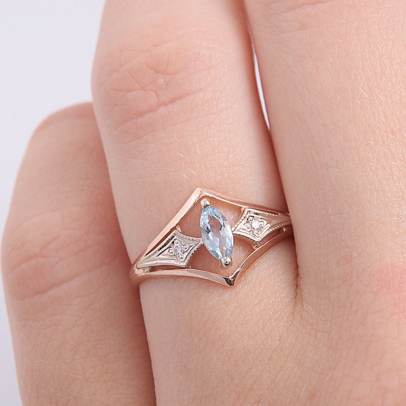 Art deco ring, Topaz ring, Gemstone ring, Geometric ring, Promise ring, Antique ring, Birthstone ring, Marquise ring, Rose gold ring image 6
