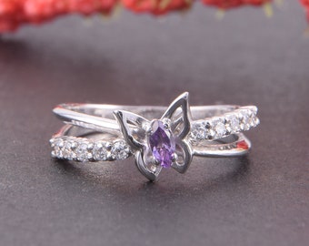 White gold amethyst ring, Butterfly ring, 14k gold ring for her, Promise ring gold, Promise ring for her, Dainty ring gold,Marquise cut ring