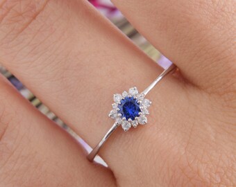 925 sterling silver small & dainty snowflake blue sapphire promise ring for her, Delicate minimalist sapphire womens promise ring