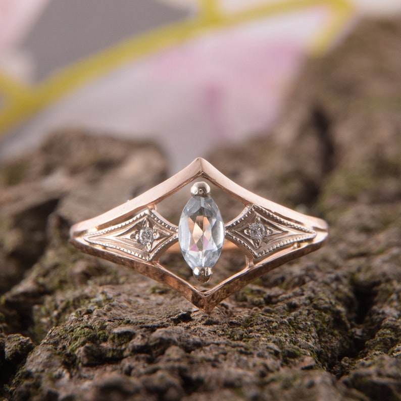 Art deco ring, Topaz ring, Gemstone ring, Geometric ring, Promise ring, Antique ring, Birthstone ring, Marquise ring, Rose gold ring image 5