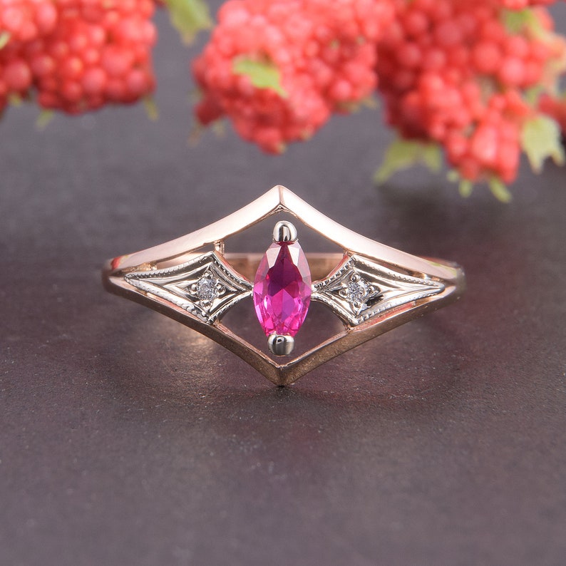 Women ring gold Rose gold ring Ruby promise ring Marquise ring 14k ruby ring Art deco ring Ruby ring gold Promise ring gold