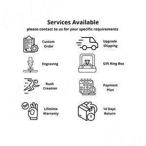 Puede incluir: Una ilustraci&oacute;n en blanco y negro de varios servicios ofrecidos, incluyendo pedido personalizado, grabado, creaci&oacute;n urgente, garant&iacute;a de por vida, env&iacute;o mejorado, caja de regalo para anillo, plan de pago y devoluci&oacute;n de 14 d&iacute;as. El texto "Services Available" est&aacute; en la parte superior de la imagen. El texto "please contact to us for your specific requirements" est&aacute; debajo del t&iacute;tulo.