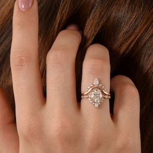 Vintage style victorian oval cut cz engagement rings set, Art nouveau promise rings set, 14k rose gold art deco womens wedding rings set