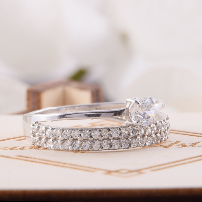 Unique wedding band White stone ring,CZ wedding band,Elegant ring Wide wedding band Silver wedding band Round cut ring Multistone ring