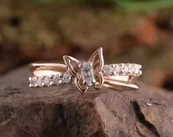 Topaz ring, Blue stone ring, Butterfly ring, Marquise ring, Dainty ring, Promise ring for her, Rose gold ring, Blue topaz ring