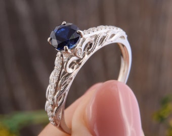 925 sterling silver unique filigree art deco womens blue sapphire engagement ring, Antique style sapphire silver cocktail ring