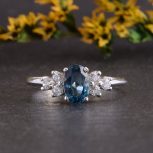925 sterling silver dainty & elegant london blue topaz promise ring for her, Unique womens art deco promise ring, December birthstone