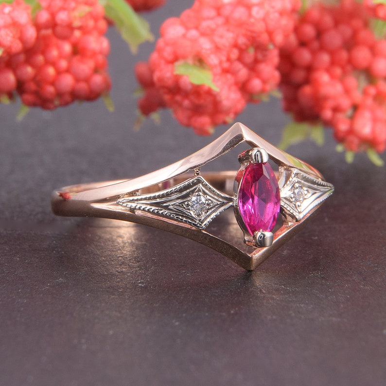 Women ring gold Rose gold ring Ruby promise ring Marquise ring 14k ruby ring Art deco ring Ruby ring gold Promise ring gold
