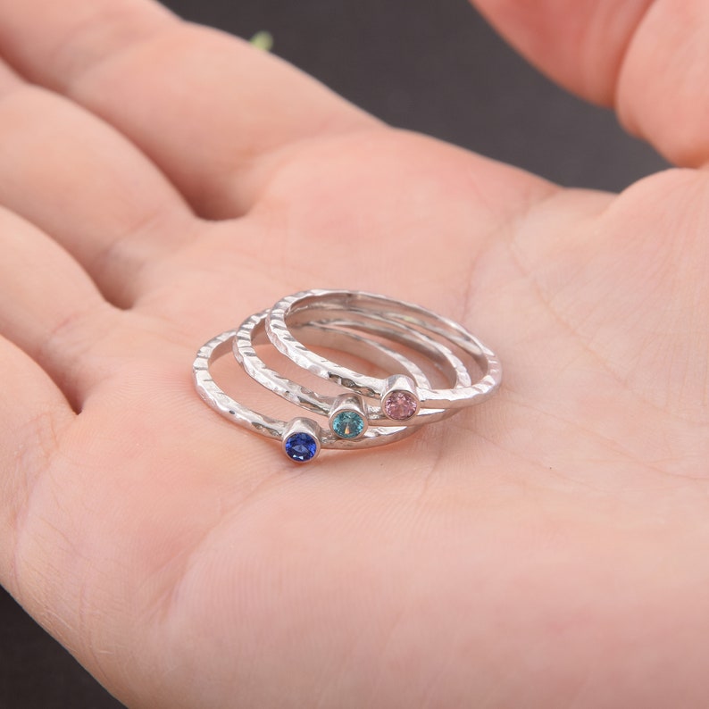 Dainty Birthstone Ring Stacking Ring Mom Rings Set Hammered Etsy