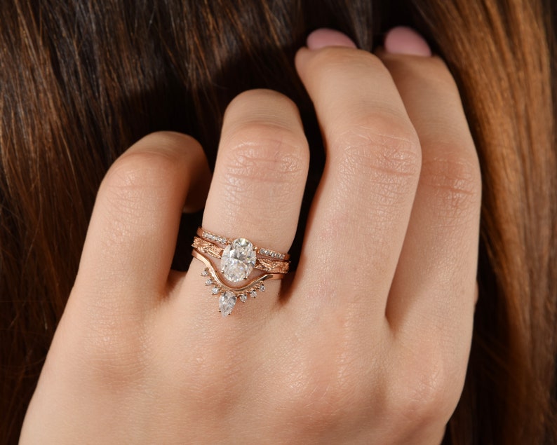 Art deco oval cut cz engagement rings set, Promise rings set, Art nouveau womens wedding rings set, Unique 14k rose gold bridal rings set image 6