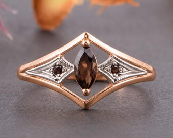 Art Deco Marquise Smoky Quartz Promise Ring, Rose Gold Geometric Engagement Ring for Her