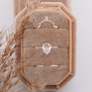 Unique 14k rose gold womens art deco wedding rings set, Vintage style victorian pear cut engagement rings set, Gold bridal 3 rings set