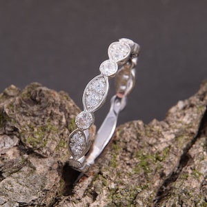Unique sterling silver art deco womens wedding band, Dainty & simple antique style wedding band, Half eternity wedding band, Gift for her