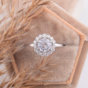 Dainty antique victorian 1ct promise ring for her, Unique 925 sterling silver vintage art deco 1ct round cut cz womens halo engagement ring