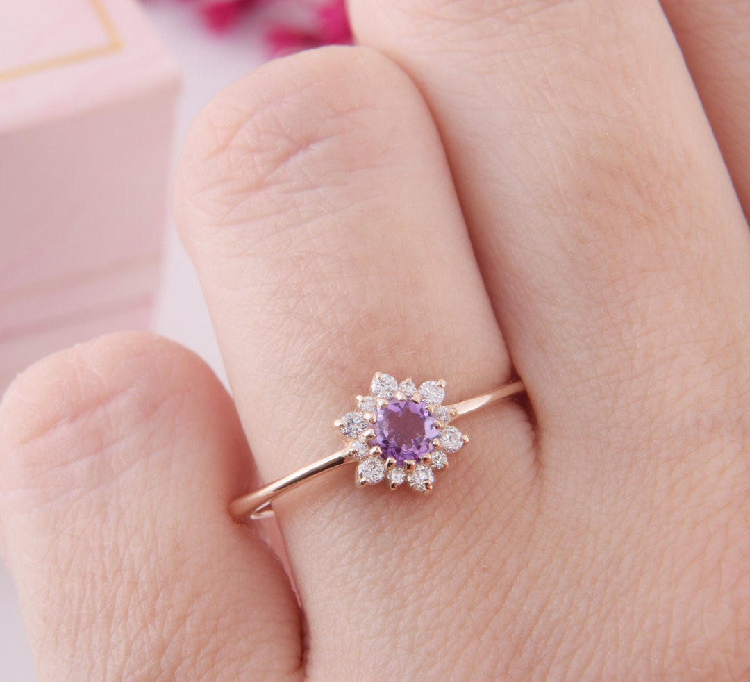 14k Rose Gold Small & Dainty Amethyst Promise Ring for Her, Delicate Womens Promise Ring, Art