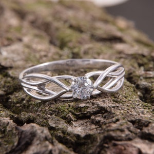 Unique 925 sterling silver celtic style solitaire promise ring for her, Dainty vintage style white cz antique womens engagement ring