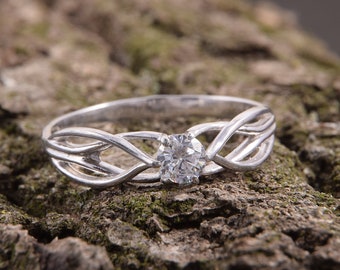 Unique 925 sterling silver celtic style solitaire promise ring for her, Dainty vintage style white cz antique womens engagement ring