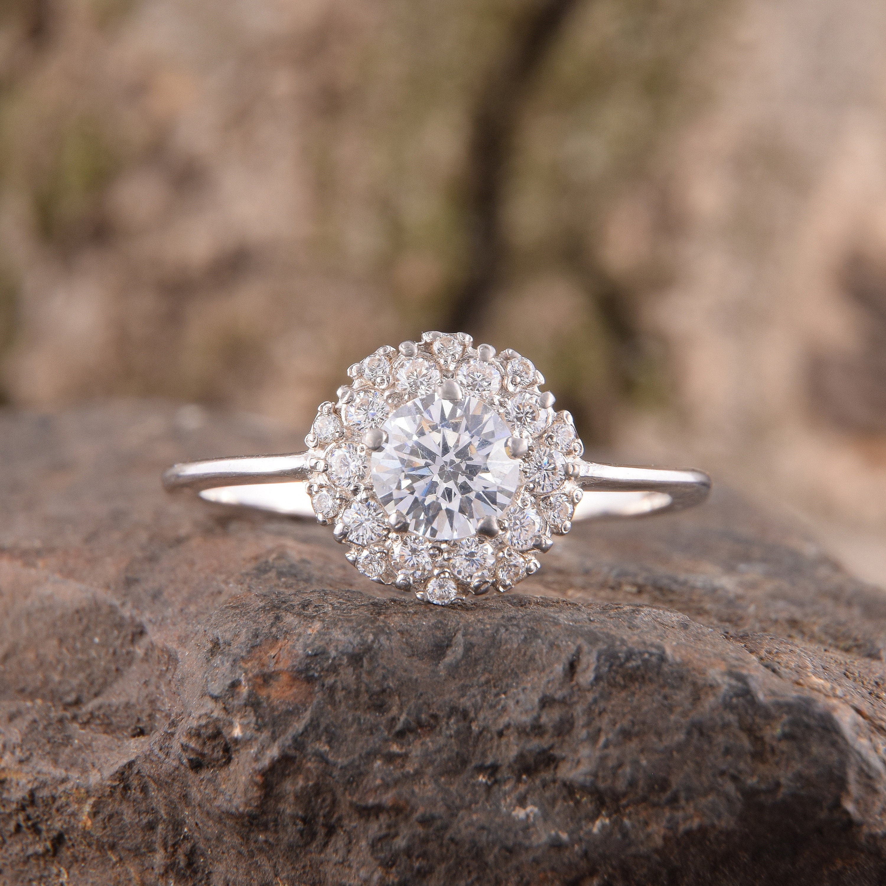 Silver Large Halo Studded Diva Ring