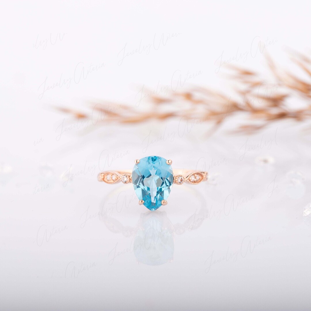 Swiss Blue Topaz Engagement Ring Rose Gold, Unique Art Deco Pear