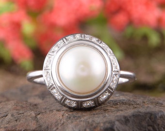 Pearl ring, White pearl ring, Art deco ring, Victorian ring, Silver pearl ring, Unique silver ring, Woman silver ring, Woman pearl ring