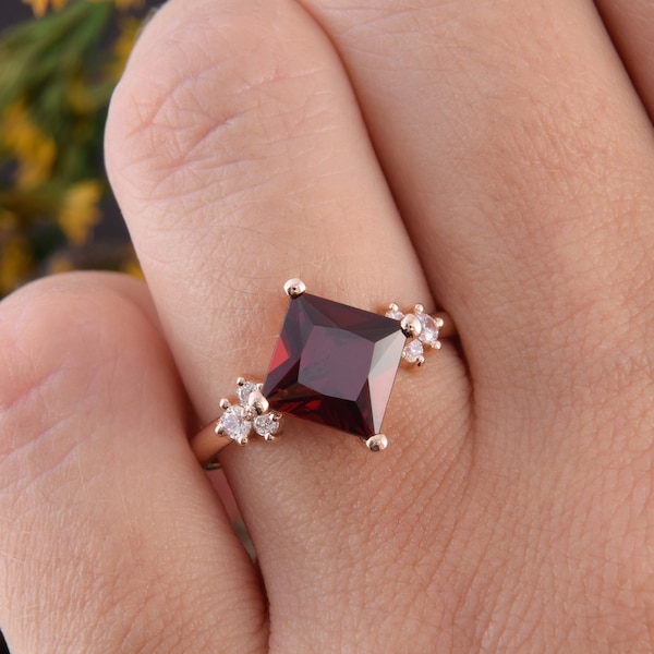 Granatring, Viereckring, Versprechensring, Jubiläumsring, Versprechensring für sie, benutzerdefinierte Steinring, Art-Deco-Ring, Ring mit rotem Stein
