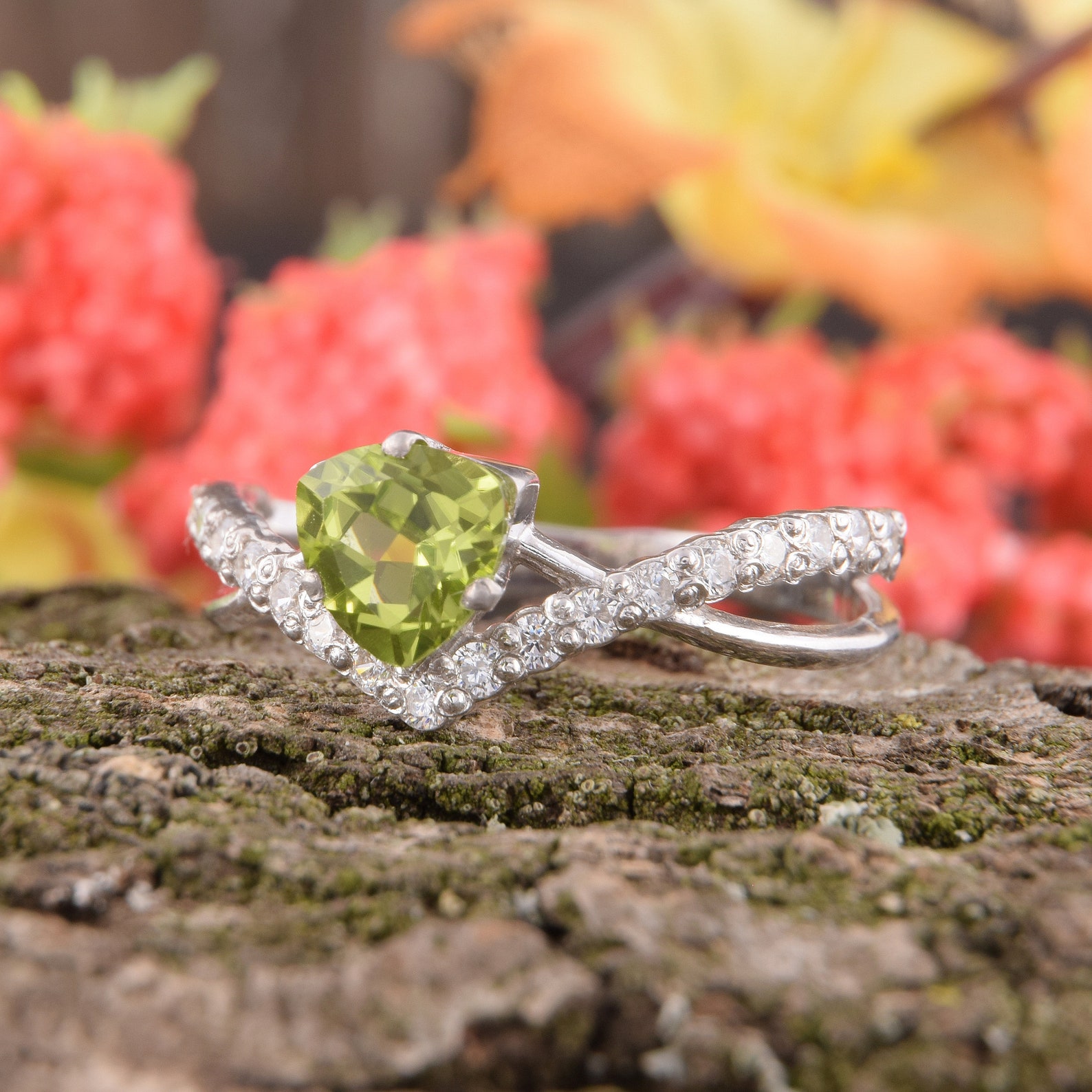 Peridot Engagement Ring Unique Engagement Ring Art deco | Etsy