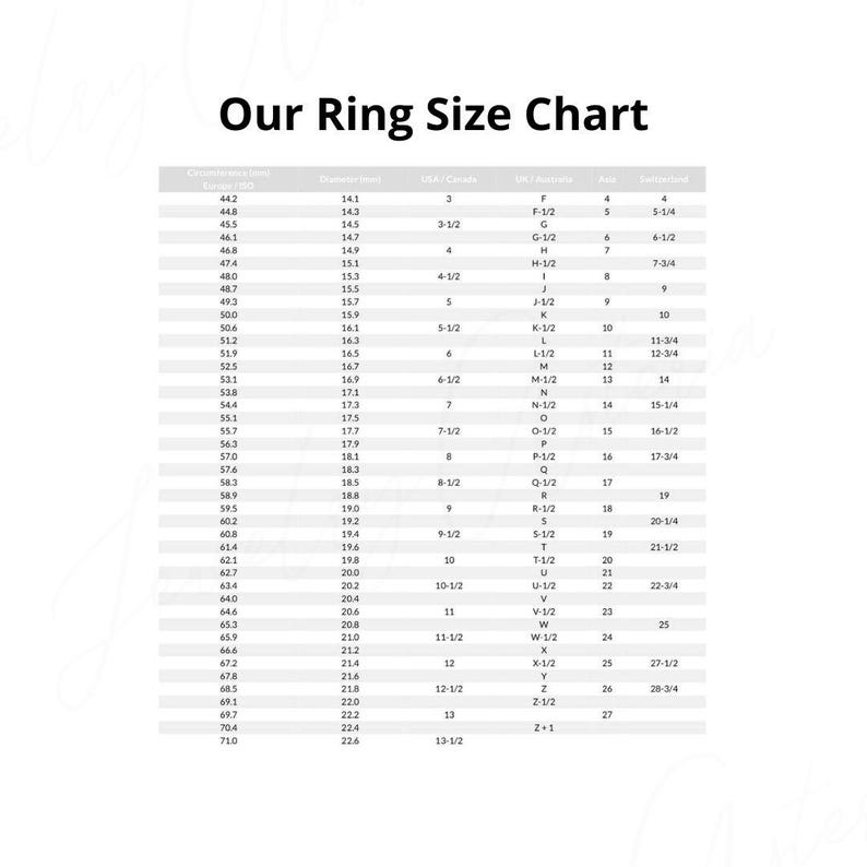 Puede incluir: Un gr&aacute;fico que muestra los tama&ntilde;os de los anillos en diferentes sistemas de medici&oacute;n, incluidos EE. UU., Reino Unido, Canad&aacute; y Suiza. El gr&aacute;fico enumera los tama&ntilde;os de los anillos del 3 al 13 1/2, con las medidas correspondientes en mil&iacute;metros.