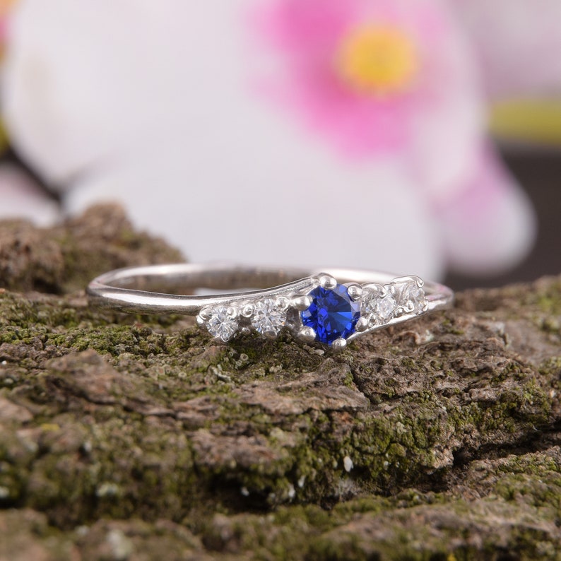 Sapphire ring, Multistone ring, Sapphire jewelry, Engagement ring, Blue stone ring, Sterling silver ring, Women silver ring, Minimalist ring image 9