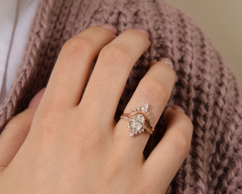 Unique Rose Gold Vintage Engagement Rings, Vintage Style Victorian Oval Cut CZ Engagement Rings Set