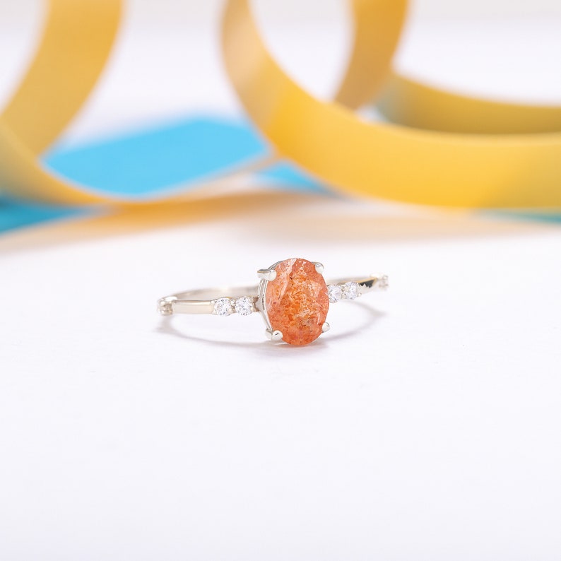 Women unique oval sunstone engagement ring, Minimalist silver sunstone promise ring, Anniversary ring gift, Gemstone ring, Birthday gift image 4