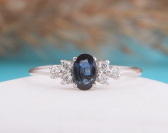 Dainty & simple 925 sterling silver oval cut blue sapphire promise ring for her, Unique art deco blue sapphire womens engagement ring