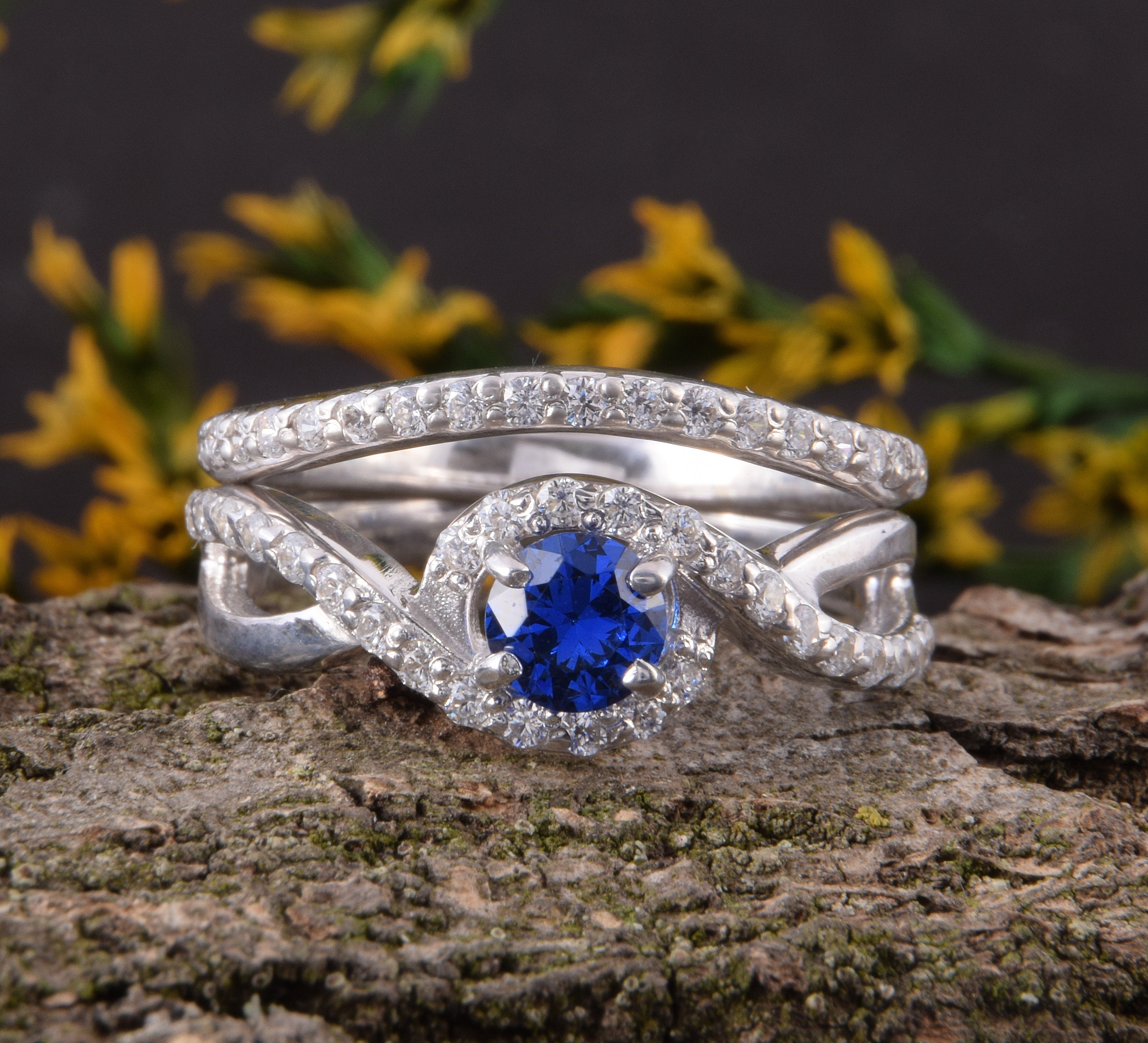 Womens Blue Sapphire Wedding Rings Set, Art Deco Silver Wedding Rings Womens Blue Sapphire Wedding Rings Set, Art Deco Silver Wedding Rings