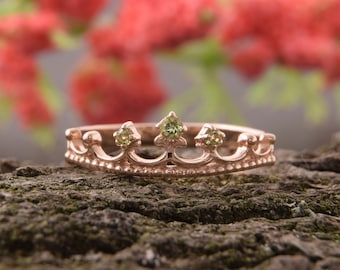 Peridot ring, Anniversary ring, Crown ring, Gold crown ring, Gemstone ring, Birthstone ring, Green stone ring, Pretty ring, Rose gold ring